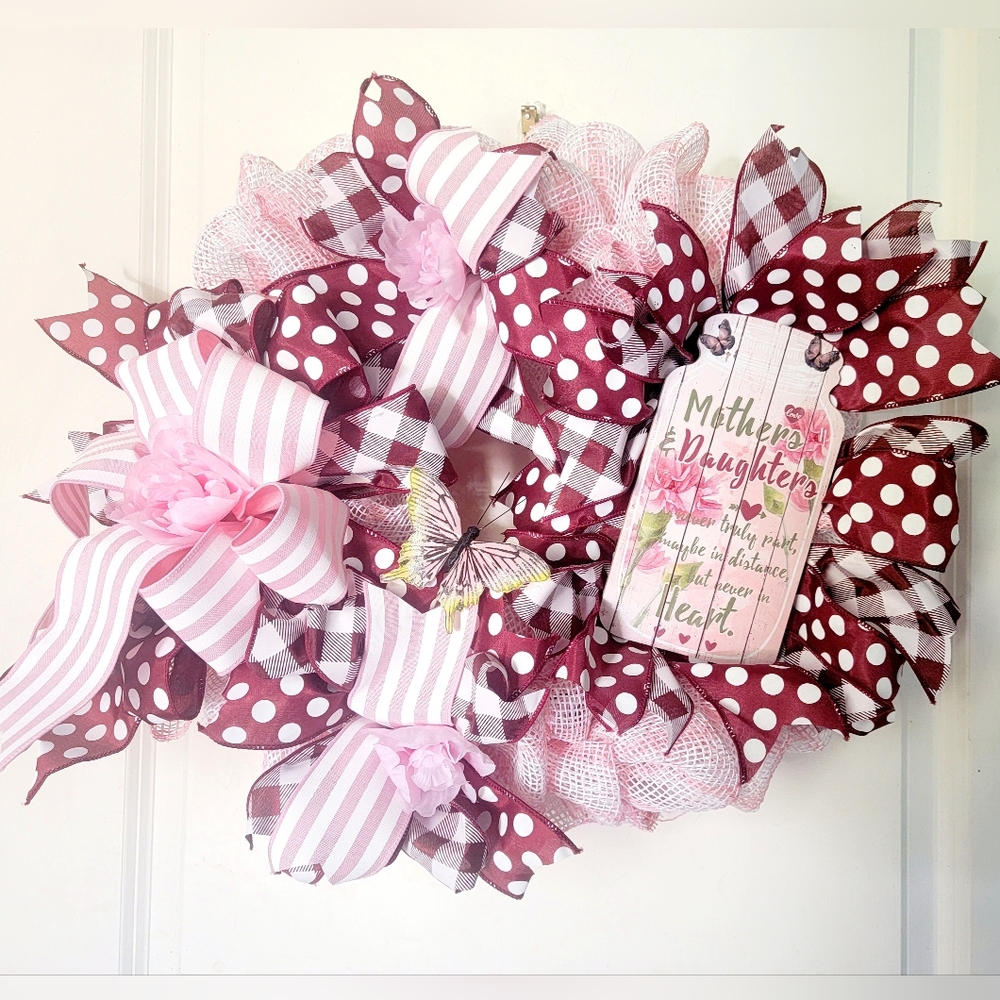 Mother Daughter Wreath Deco Mesh Bow Butterflies Pink Burgundy - Picture 9 of 9